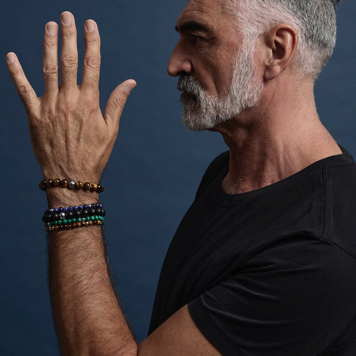 Apollo Men's 6mm Tiger Eye & Steel Elasticated Stretch Bracelet