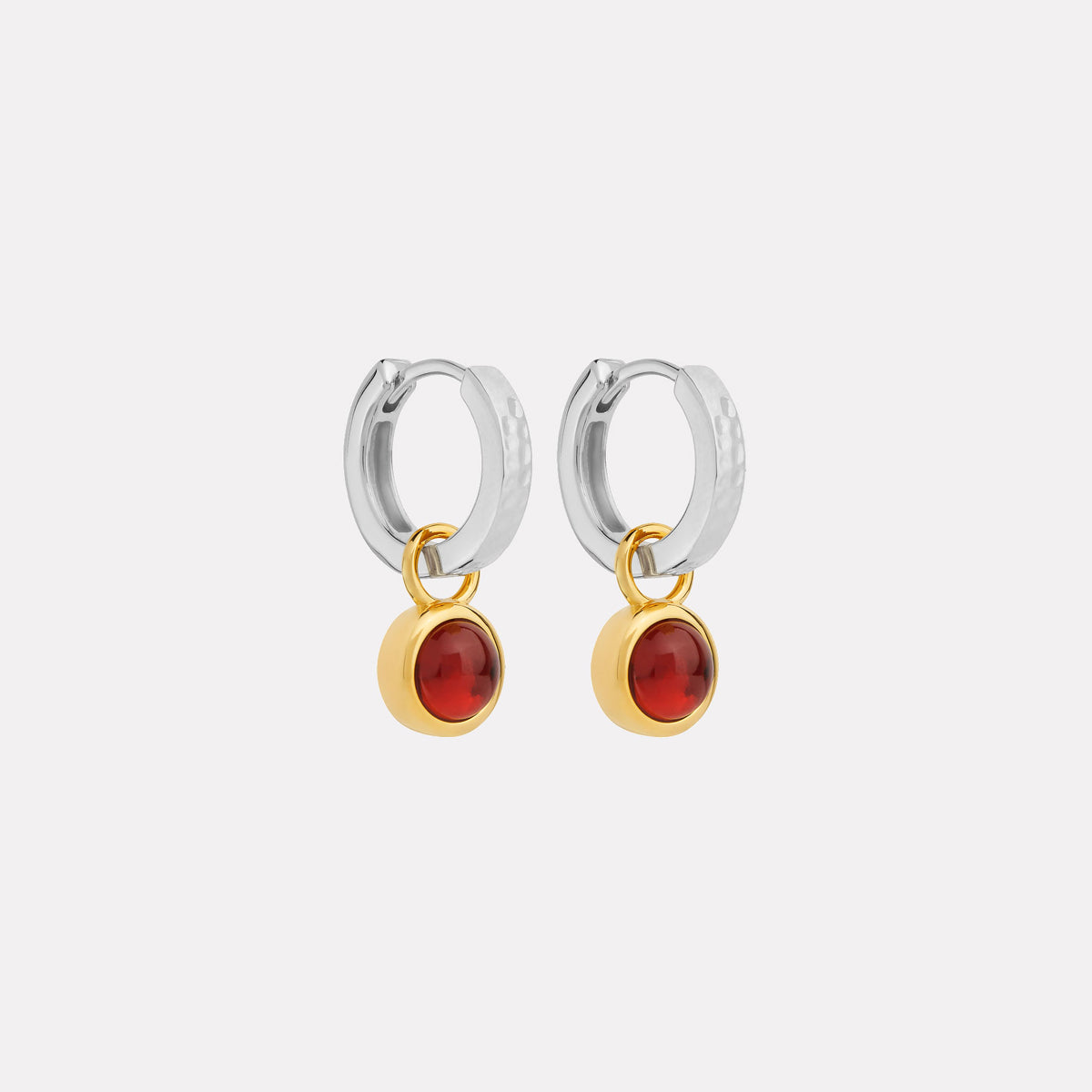 Sil Yell Gold Solace 2-Tone Garnet Huggie Earrings